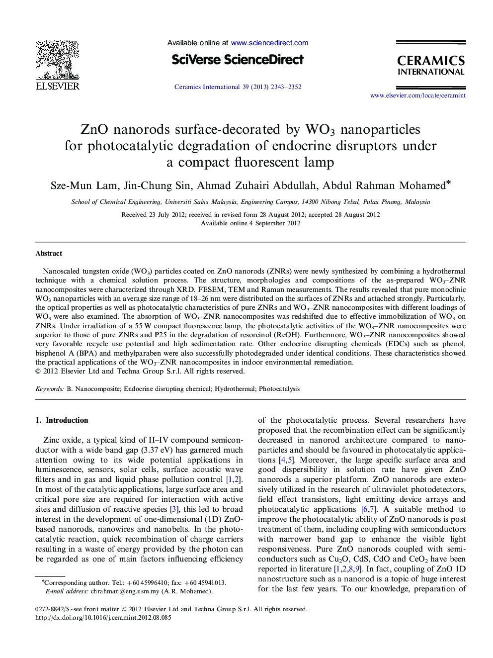 ZnO nanorods surface-decorated by WO3 nanoparticles for photocatalytic degradation of endocrine disruptors under a compact fluorescent lamp