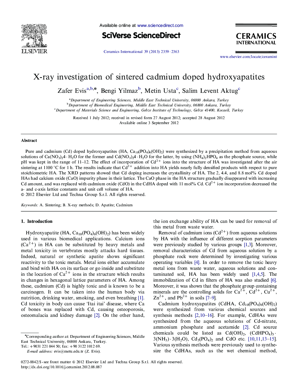 X-ray investigation of sintered cadmium doped hydroxyapatites