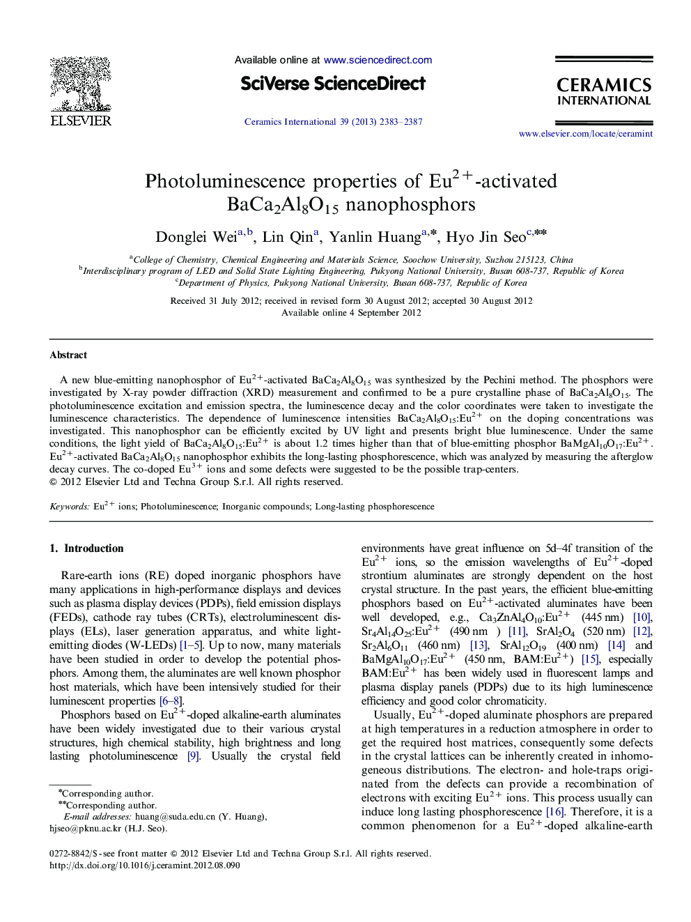 Photoluminescence properties of Eu2+-activated BaCa2Al8O15 nanophosphors