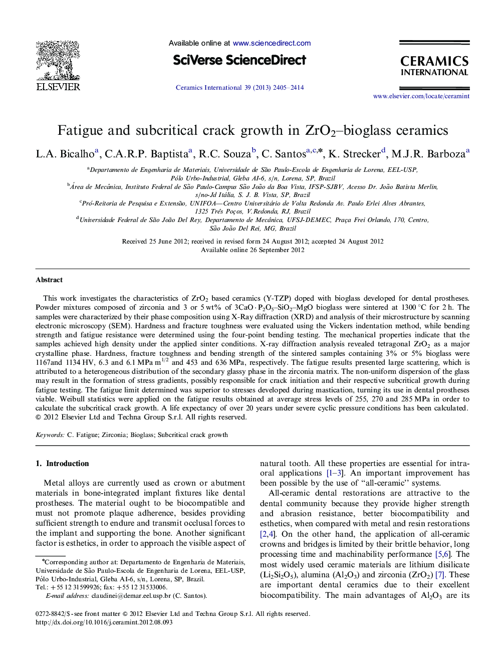 Fatigue and subcritical crack growth in ZrO2-bioglass ceramics