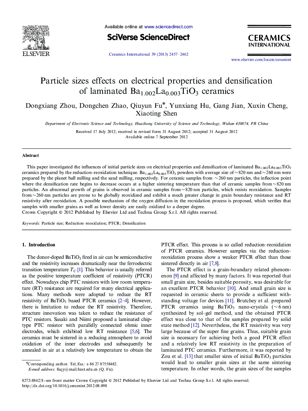 عکس صفحه اول مقاله: Particle sizes effects on electrical properties and densification of laminated Ba1.002La0.003TiO3 ceramics Particle sizes effects on electrical properties and densification of laminated Ba1.002La0.003TiO3 ceramics