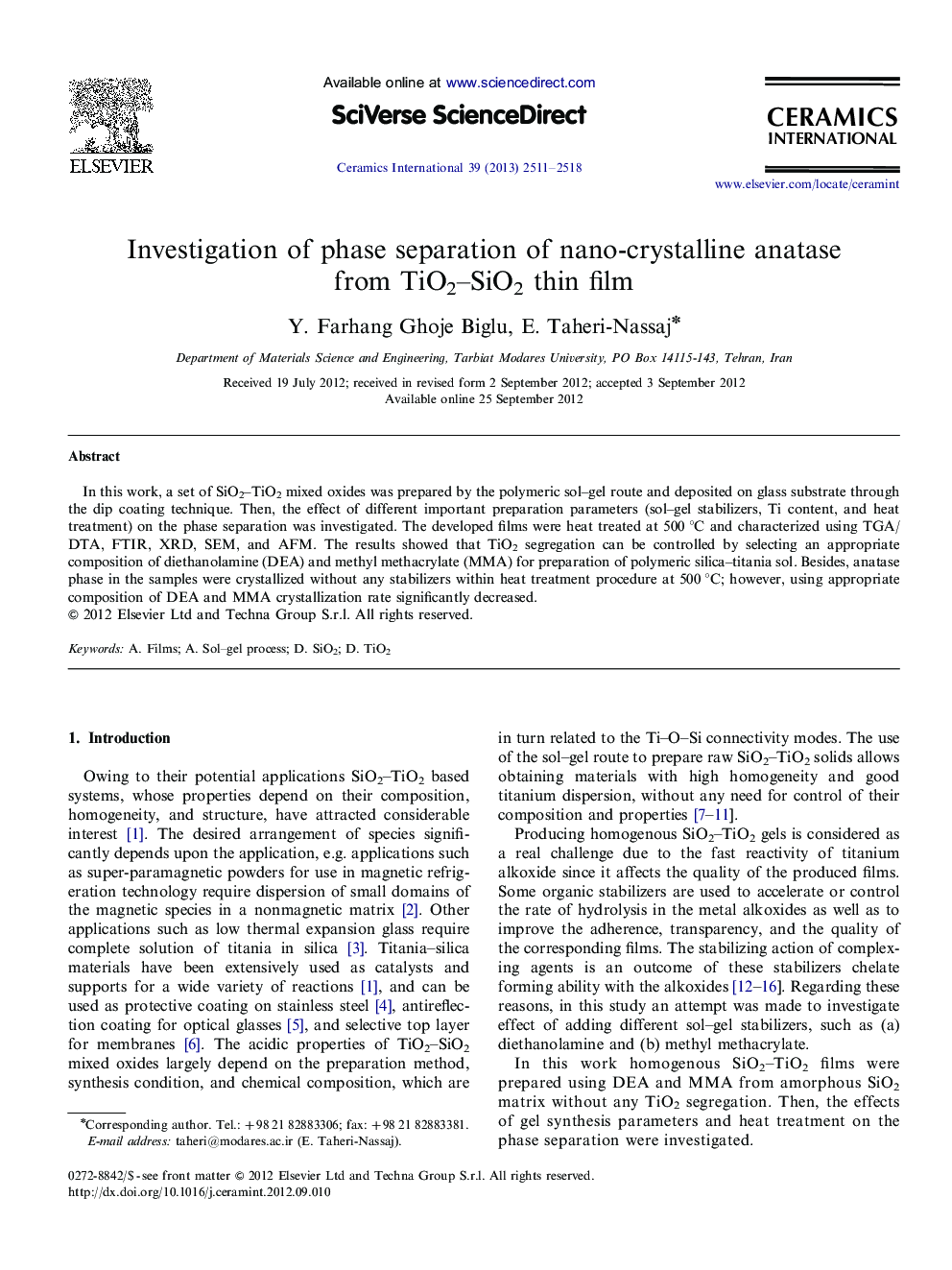 Investigation of phase separation of nano-crystalline anatase from TiO2î¸SiO2 thin film