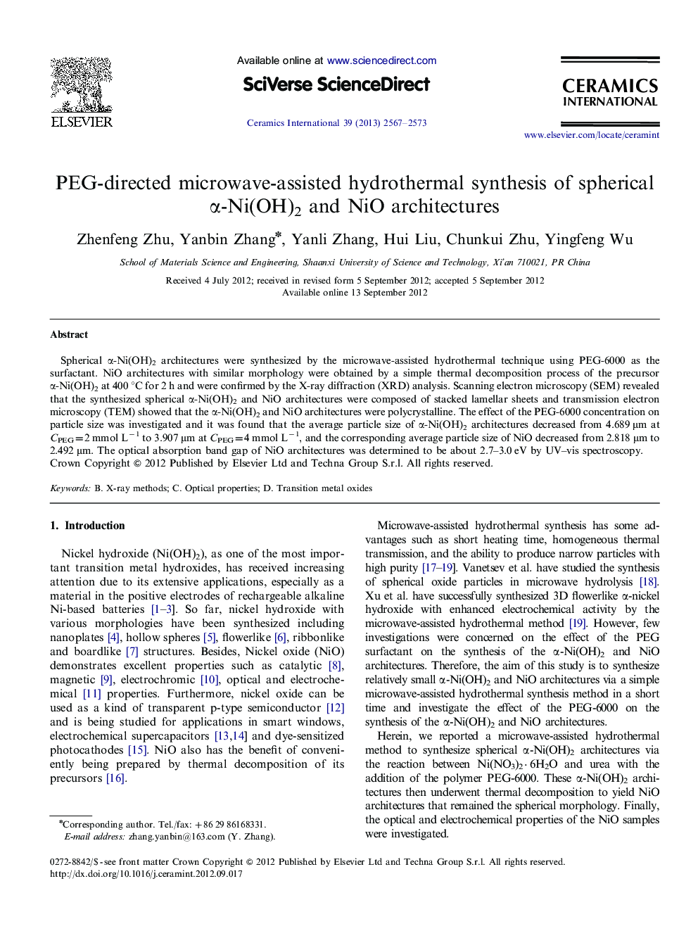 PEG-directed microwave-assisted hydrothermal synthesis of spherical Î±-Ni(OH)2 and NiO architectures