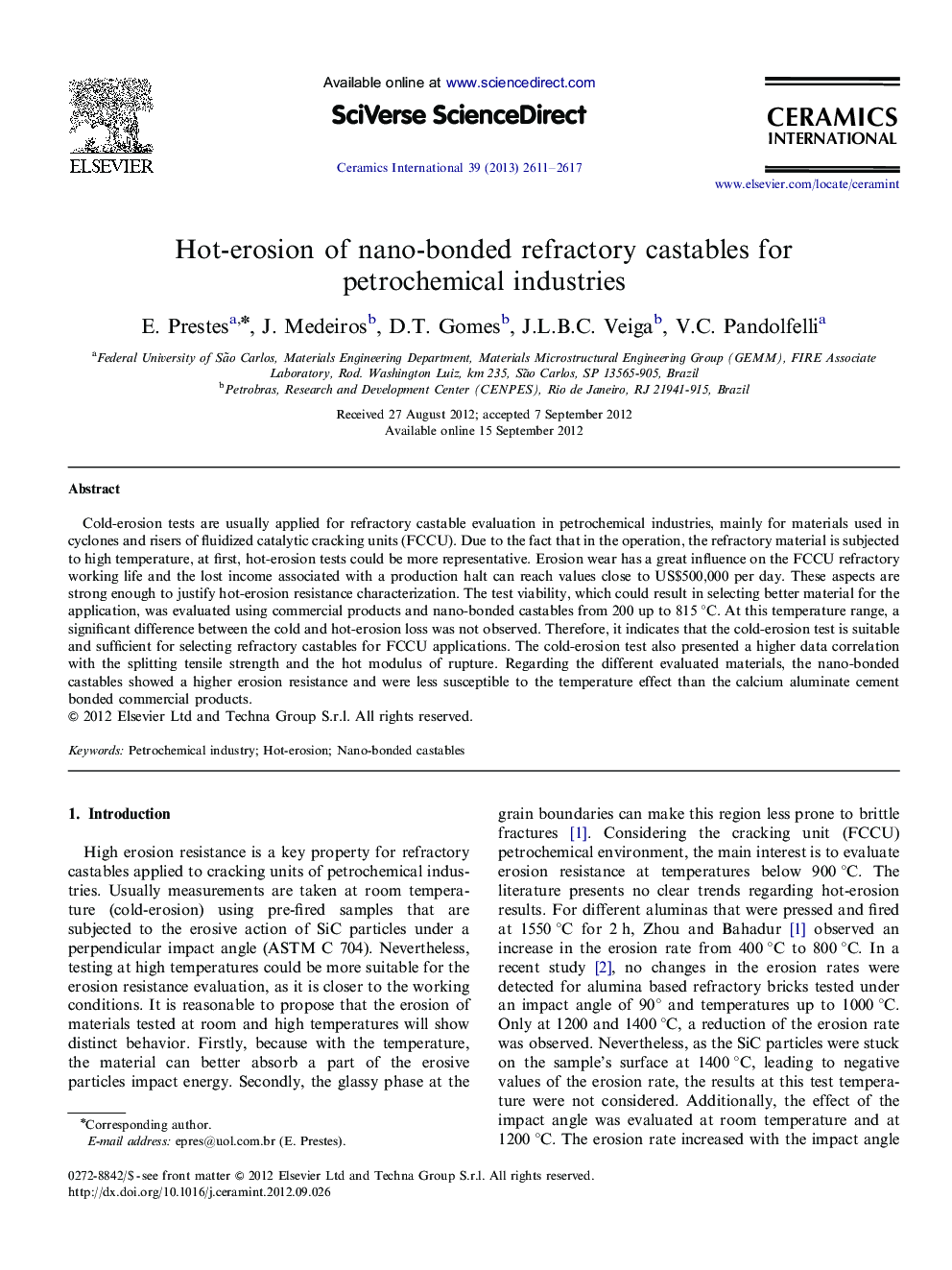 Hot-erosion of nano-bonded refractory castables for petrochemical industries