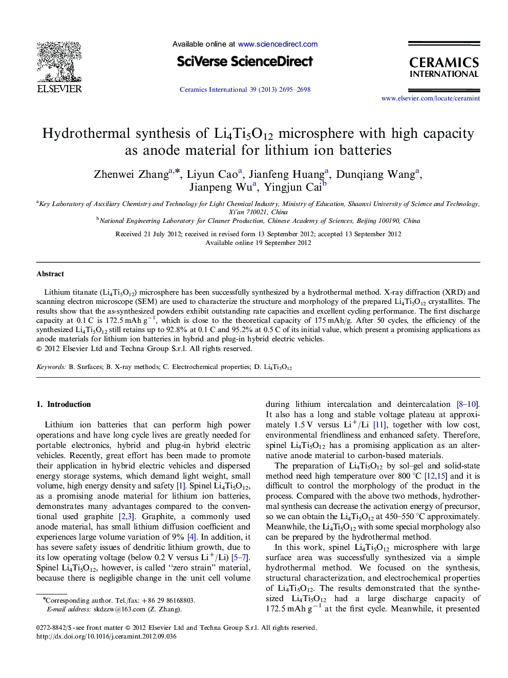 Hydrothermal synthesis of Li4Ti5O12 microsphere with high capacity as anode material for lithium ion batteries