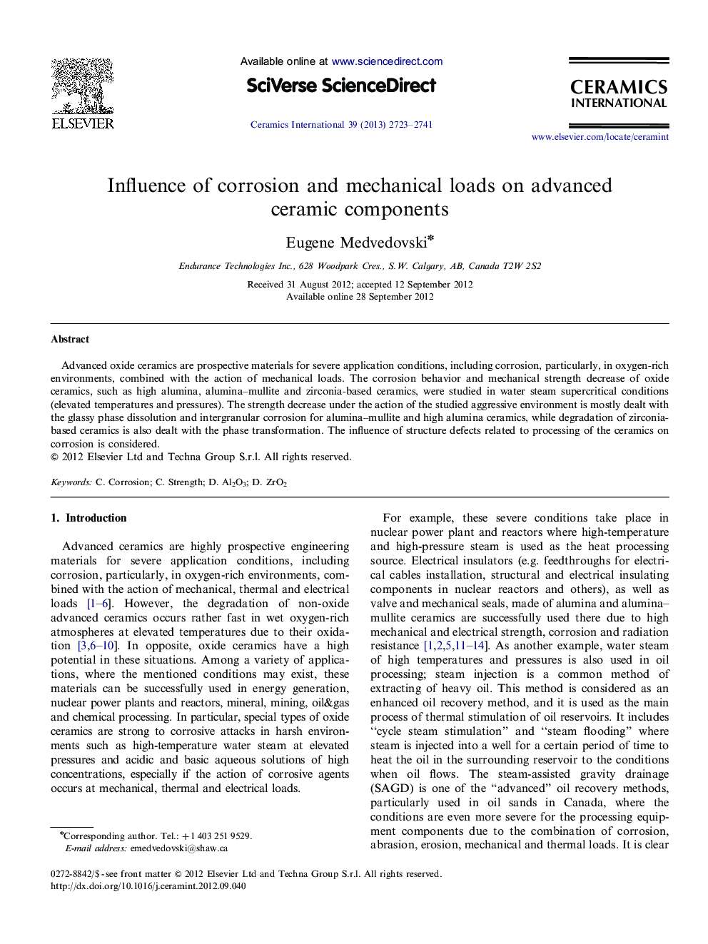 Influence of corrosion and mechanical loads on advanced ceramic components