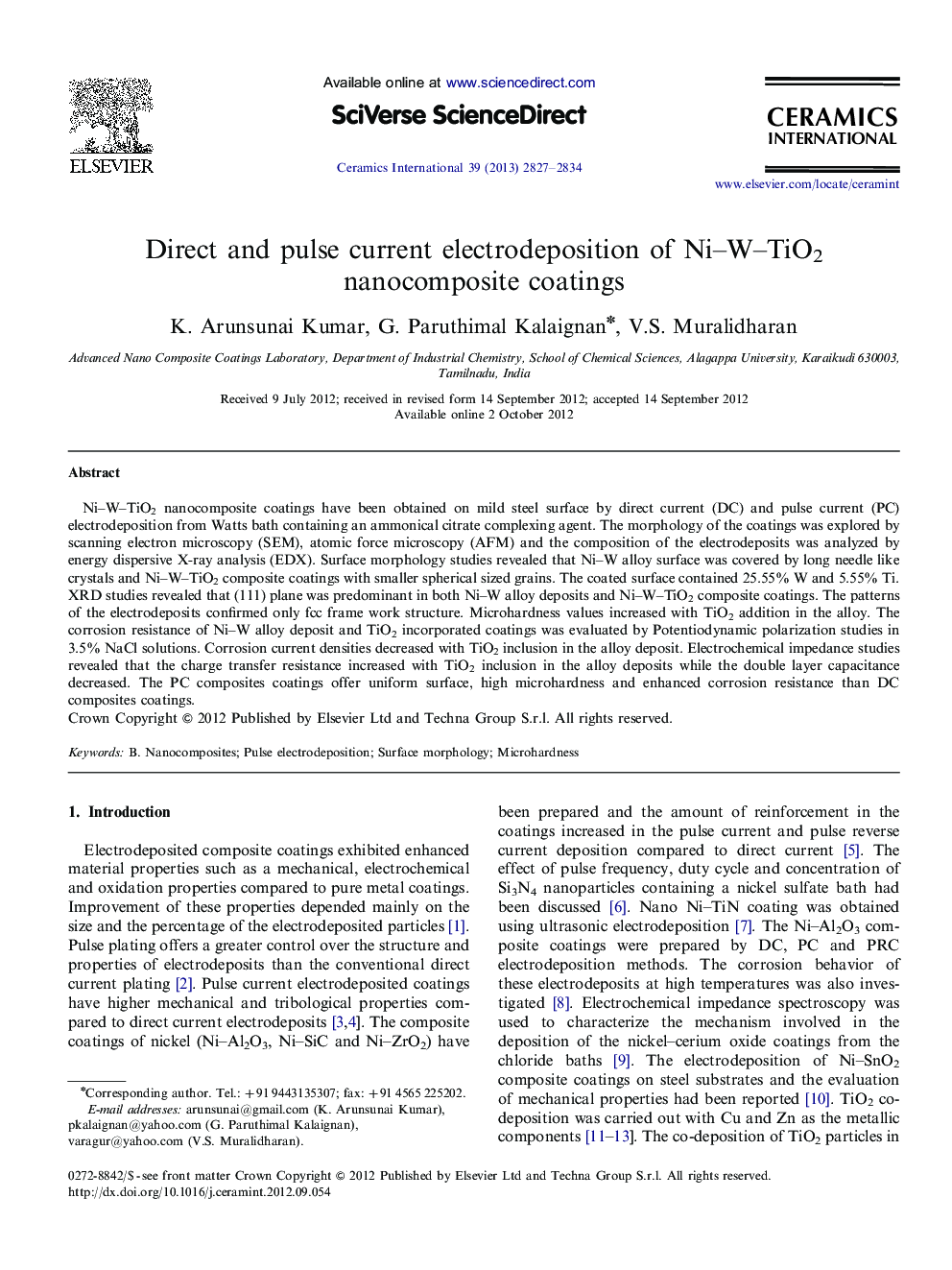 Direct and pulse current electrodeposition of Ni-W-TiO2 nanocomposite coatings