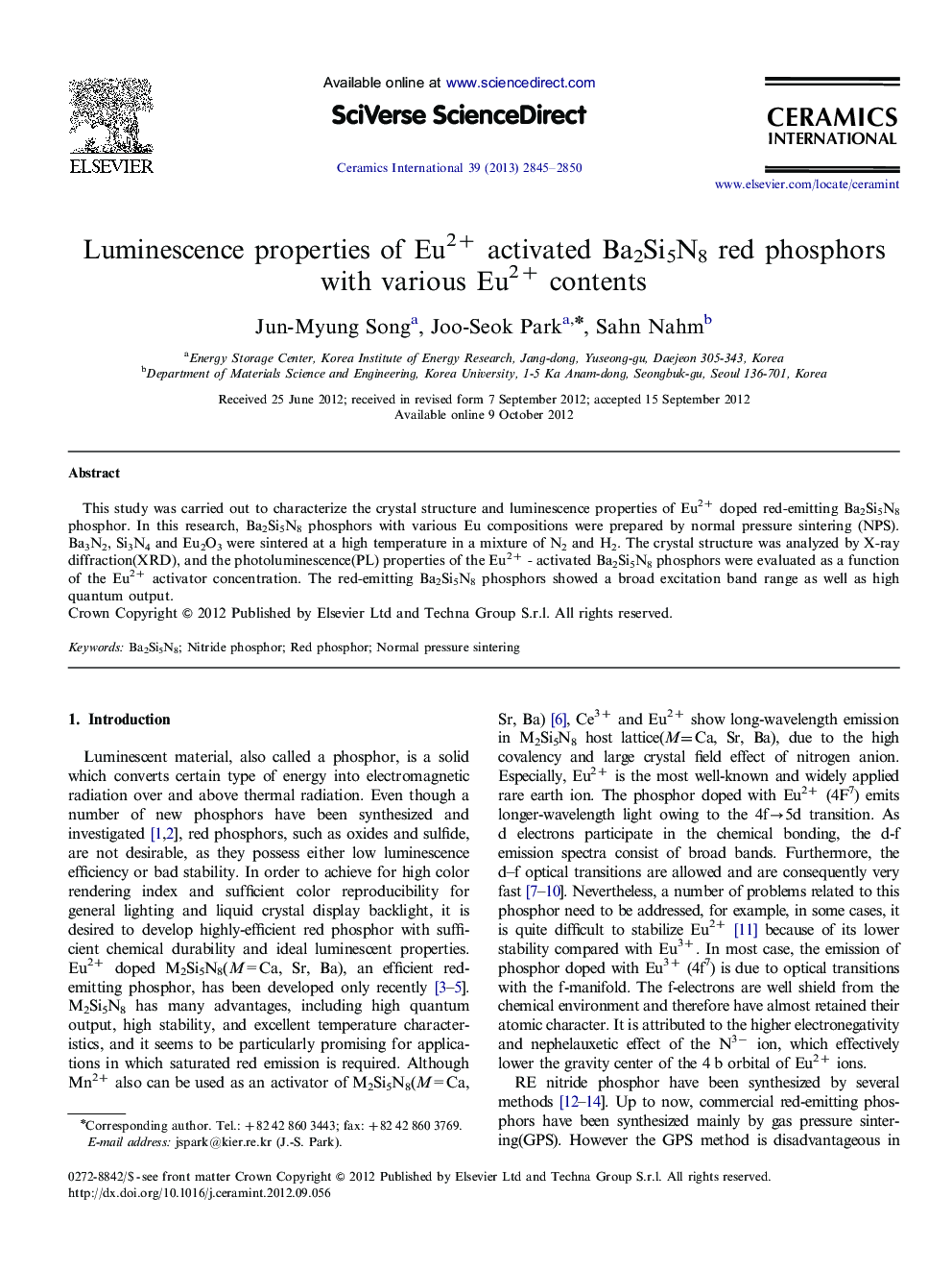 عکس صفحه اول مقاله: Luminescence properties of Eu2+ activated Ba2Si5N8 red phosphors with various Eu2+ contents Luminescence properties of Eu2+ activated Ba2Si5N8 red phosphors with various Eu2+ contents