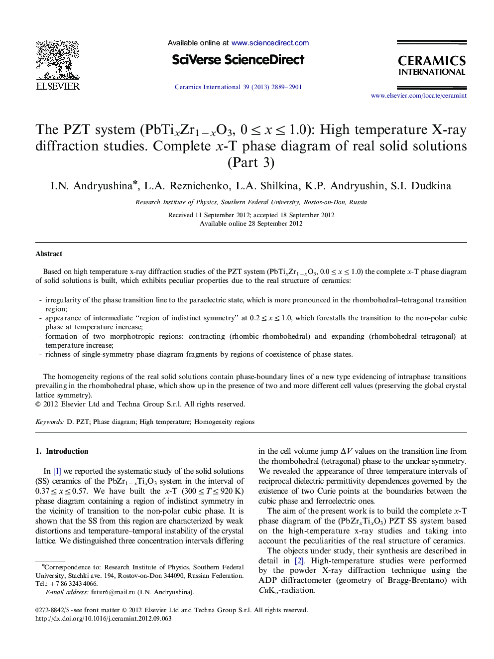 The PZT system (PbTixZr1âxO3, 0â¤xâ¤1.0): High temperature X-ray diffraction studies. Complete x-T phase diagram of real solid solutions (Part 3)