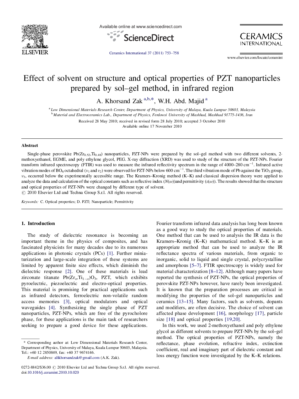 Effect of solvent on structure and optical properties of PZT nanoparticles prepared by sol-gel method, in infrared region