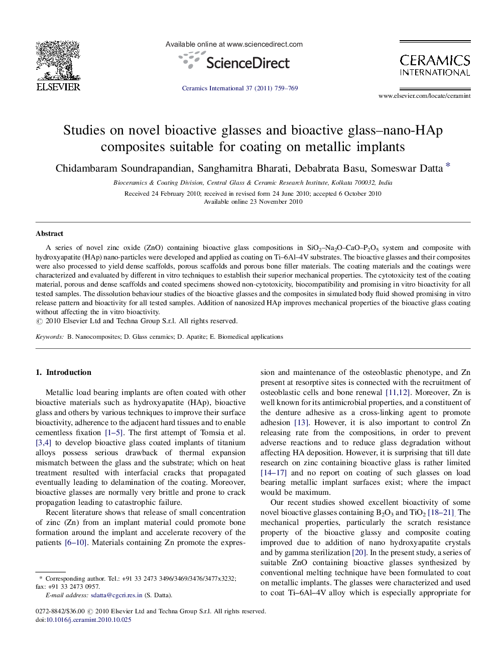 Studies on novel bioactive glasses and bioactive glass-nano-HAp composites suitable for coating on metallic implants