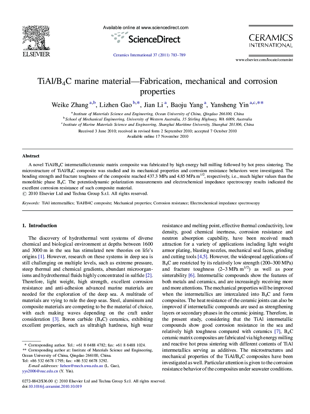 TiAl/B4C marine material-Fabrication, mechanical and corrosion properties