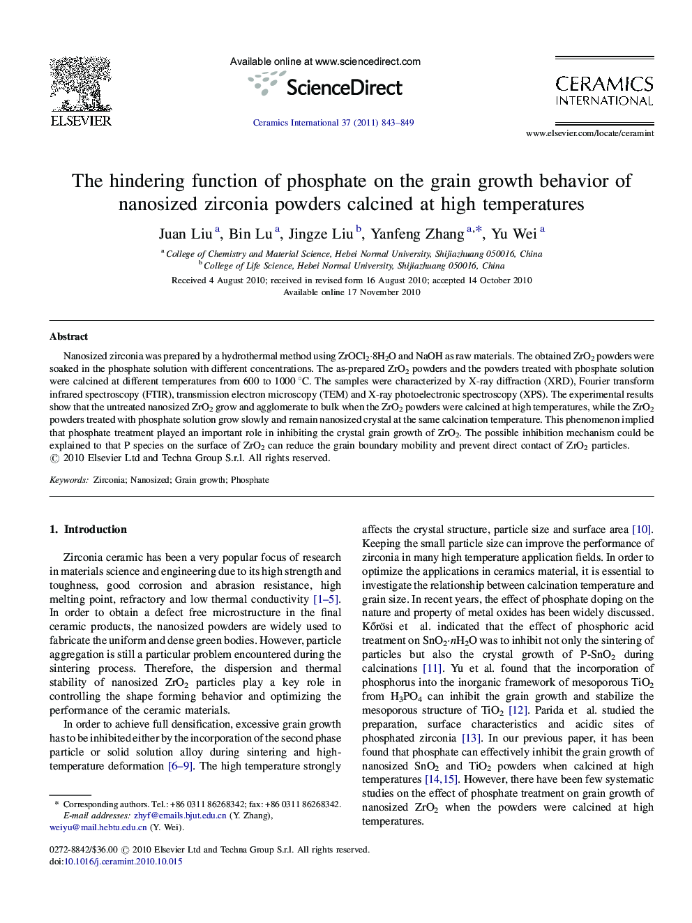 The hindering function of phosphate on the grain growth behavior of nanosized zirconia powders calcined at high temperatures