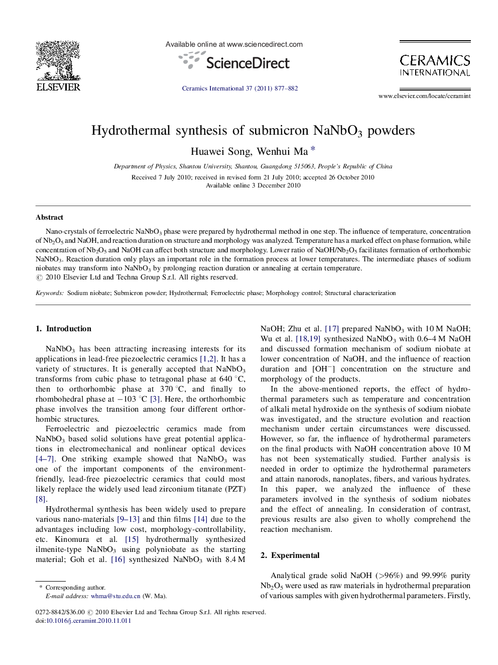 Hydrothermal synthesis of submicron NaNbO3 powders