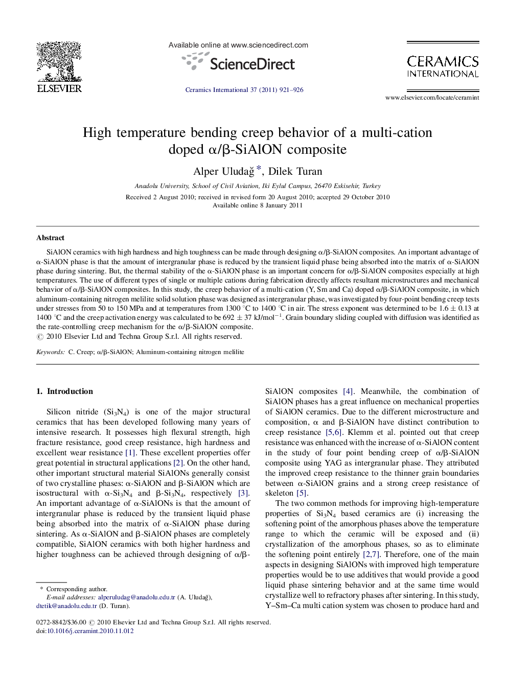 High temperature bending creep behavior of a multi-cation doped Î±/Î²-SiAlON composite