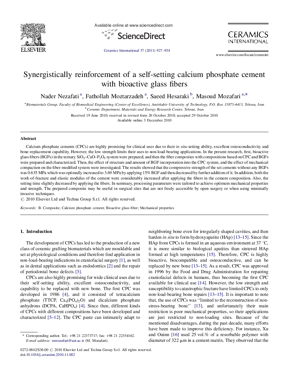 Synergistically reinforcement of a self-setting calcium phosphate cement with bioactive glass fibers