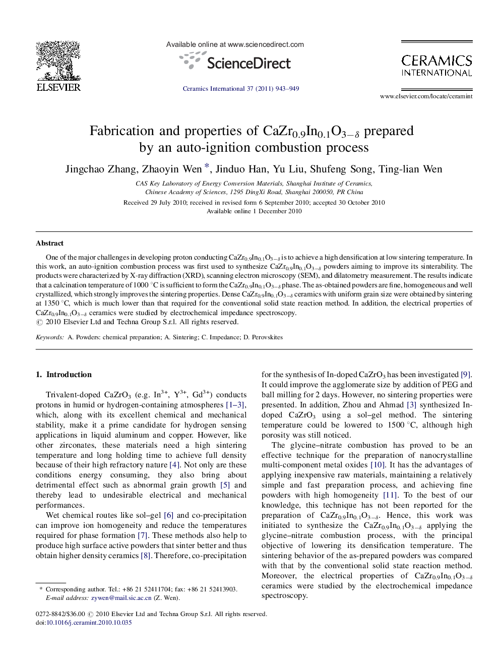 Fabrication and properties of CaZr0.9In0.1O3âÎ´ prepared by an auto-ignition combustion process