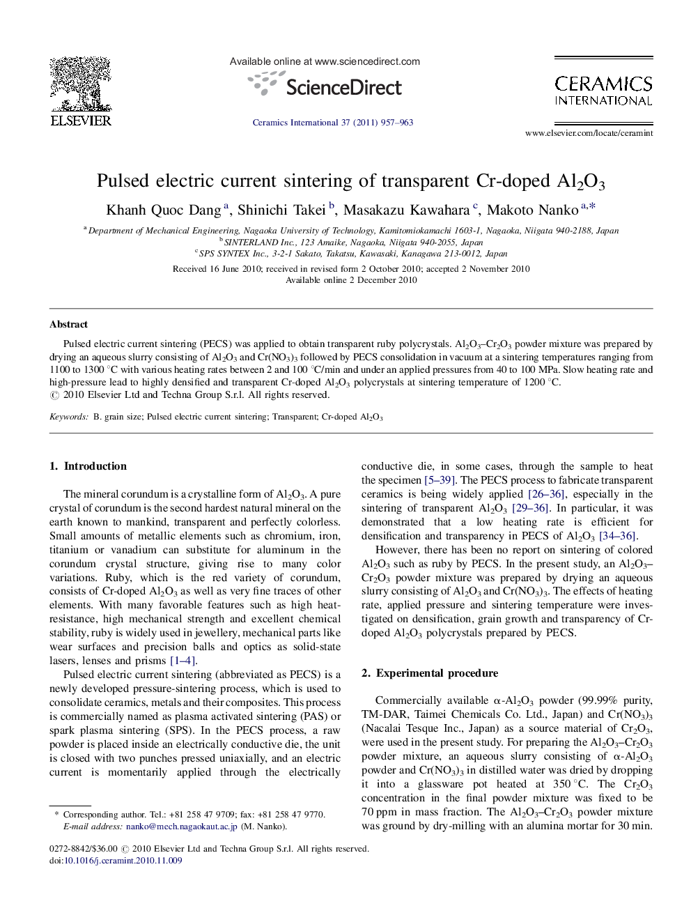 Pulsed electric current sintering of transparent Cr-doped Al2O3