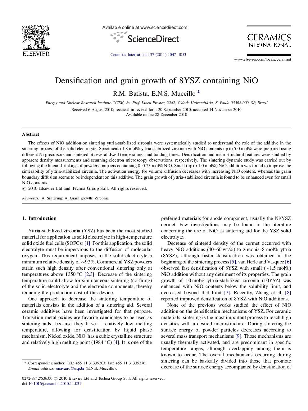 Densification and grain growth of 8YSZ containing NiO