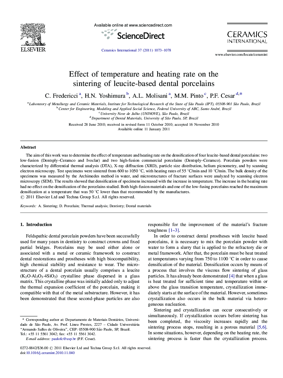 Effect of temperature and heating rate on the sintering of leucite-based dental porcelains