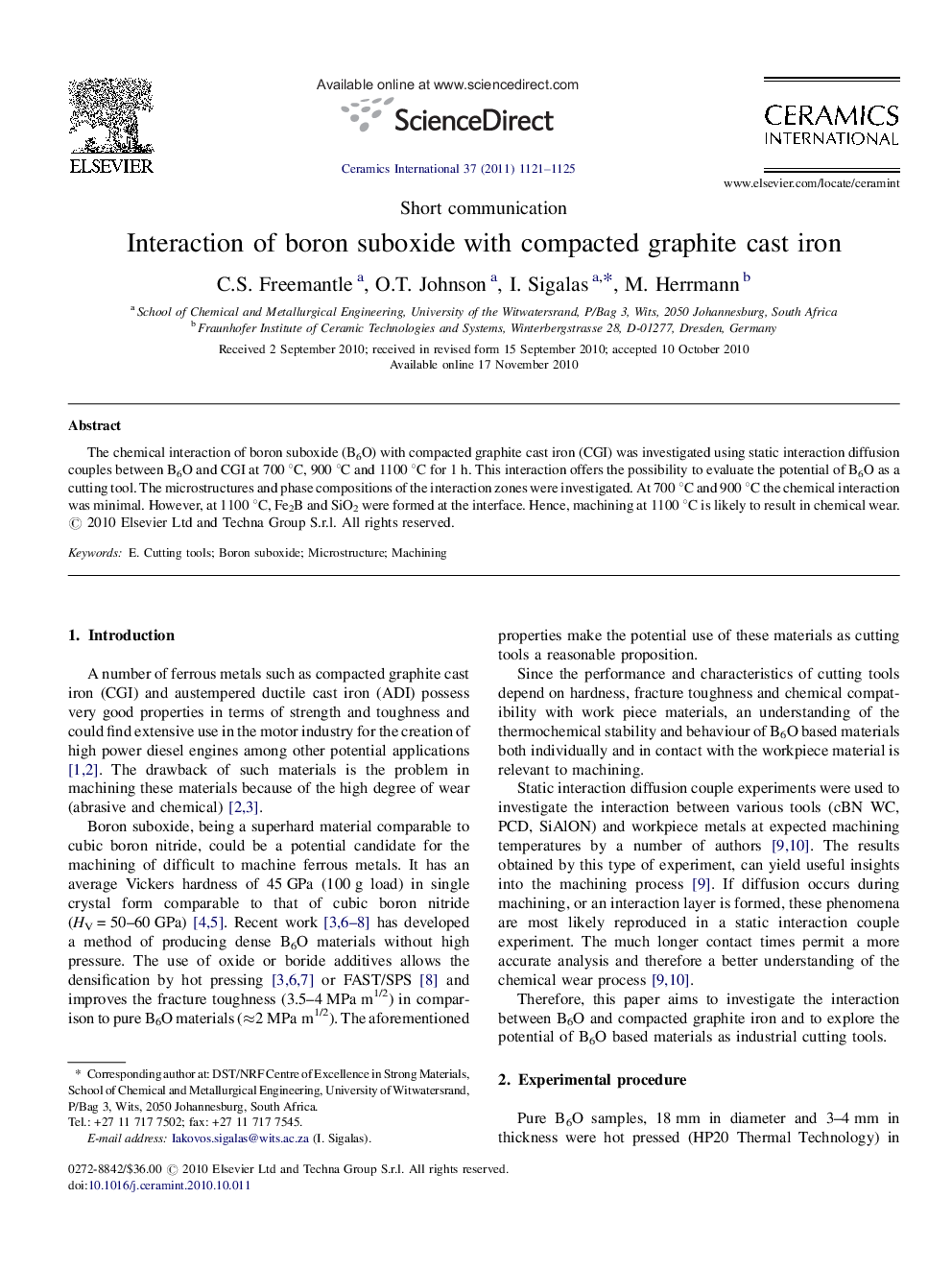 Interaction of boron suboxide with compacted graphite cast iron