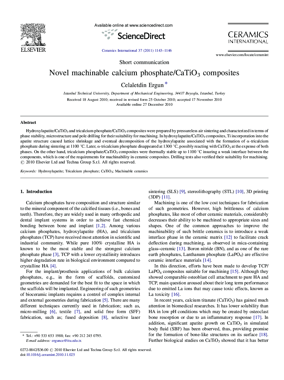 Novel machinable calcium phosphate/CaTiO3 composites