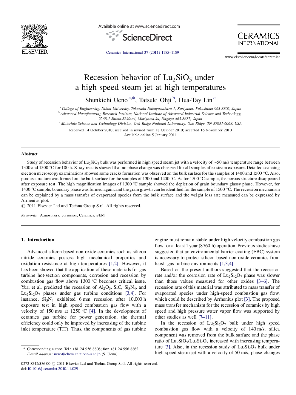 Recession behavior of Lu2SiO5 under a high speed steam jet at high temperatures