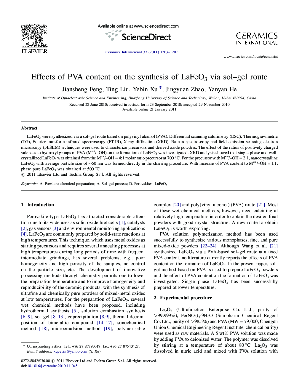 Effects of PVA content on the synthesis of LaFeO3 via sol-gel route