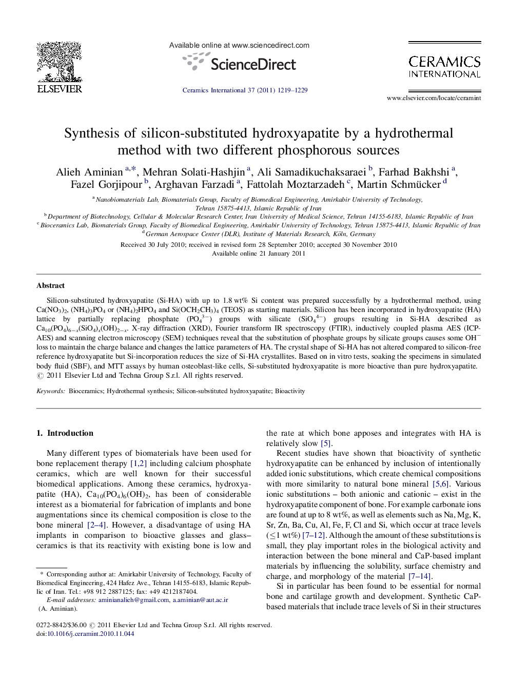 Synthesis of silicon-substituted hydroxyapatite by a hydrothermal method with two different phosphorous sources