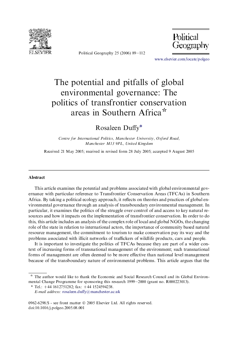 The potential and pitfalls of global environmental governance: The politics of transfrontier conservation areas in Southern Africa 