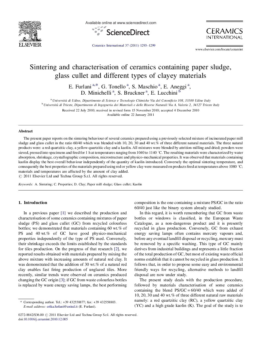 Sintering and characterisation of ceramics containing paper sludge, glass cullet and different types of clayey materials