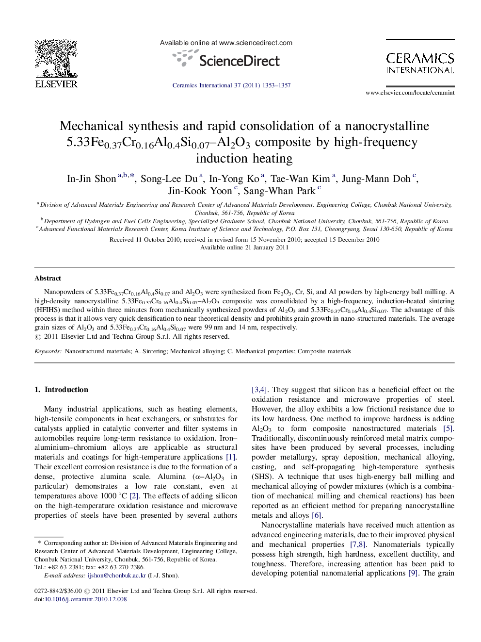 Mechanical synthesis and rapid consolidation of a nanocrystalline 5.33Fe0.37Cr0.16Al0.4Si0.07-Al2O3 composite by high-frequency induction heating