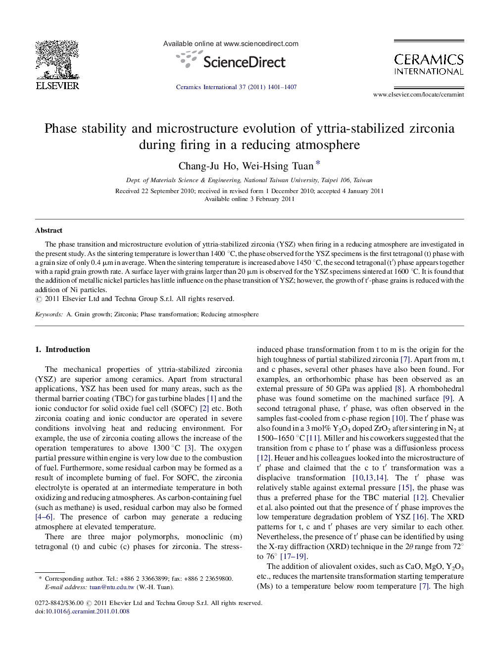 Phase stability and microstructure evolution of yttria-stabilized zirconia during firing in a reducing atmosphere