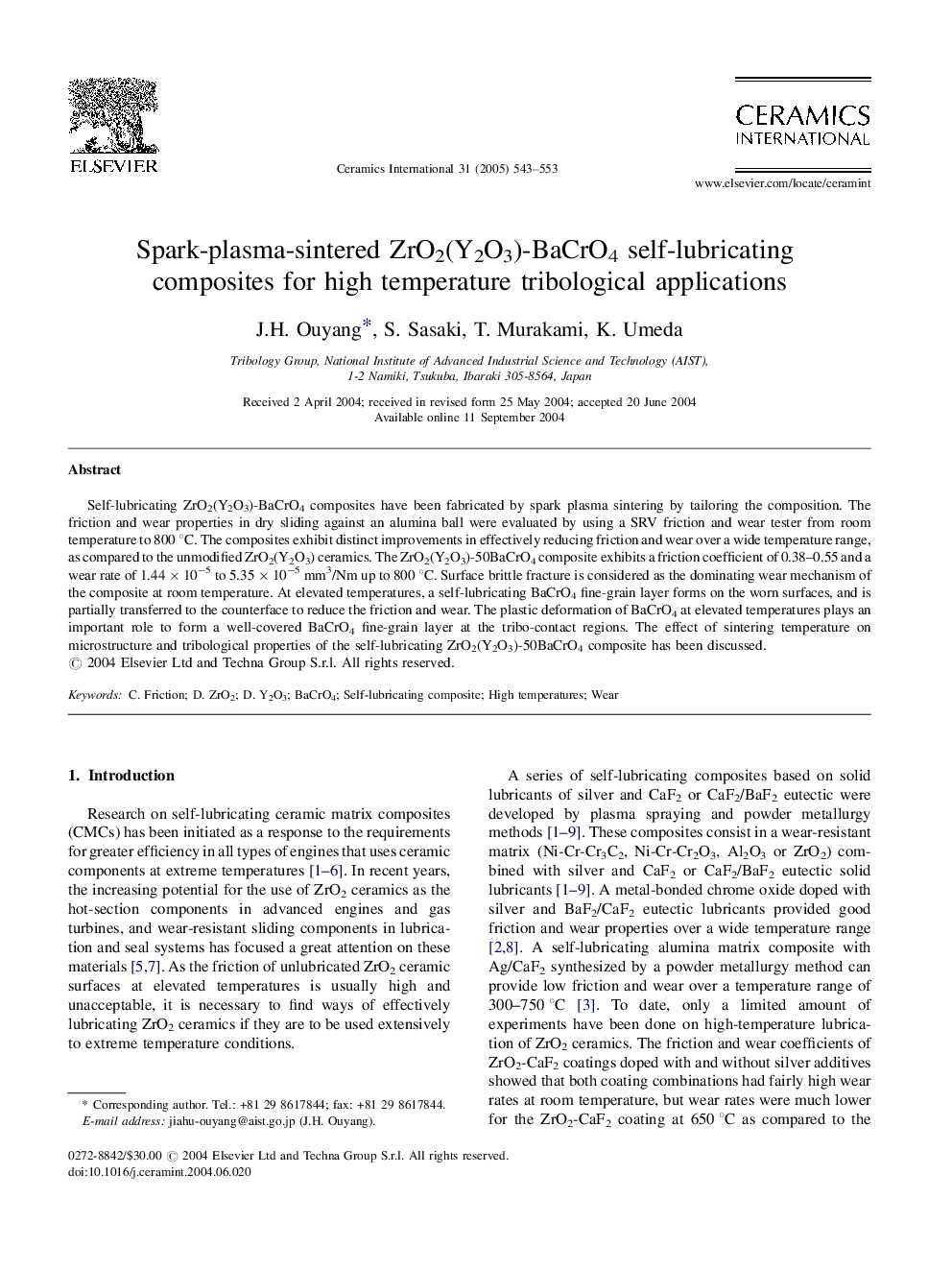 Spark-plasma-sintered ZrO2(Y2O3)-BaCrO4 self-lubricating composites for high temperature tribological applications