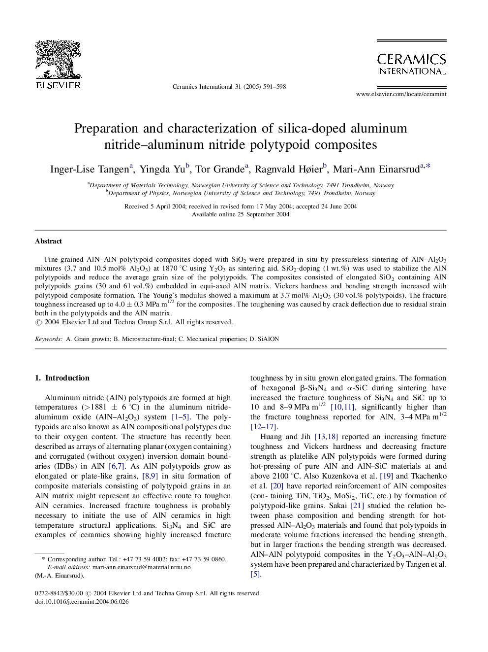 Preparation and characterization of silica-doped aluminum nitride-aluminum nitride polytypoid composites