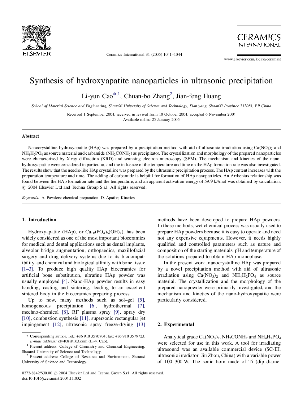 Synthesis of hydroxyapatite nanoparticles in ultrasonic precipitation