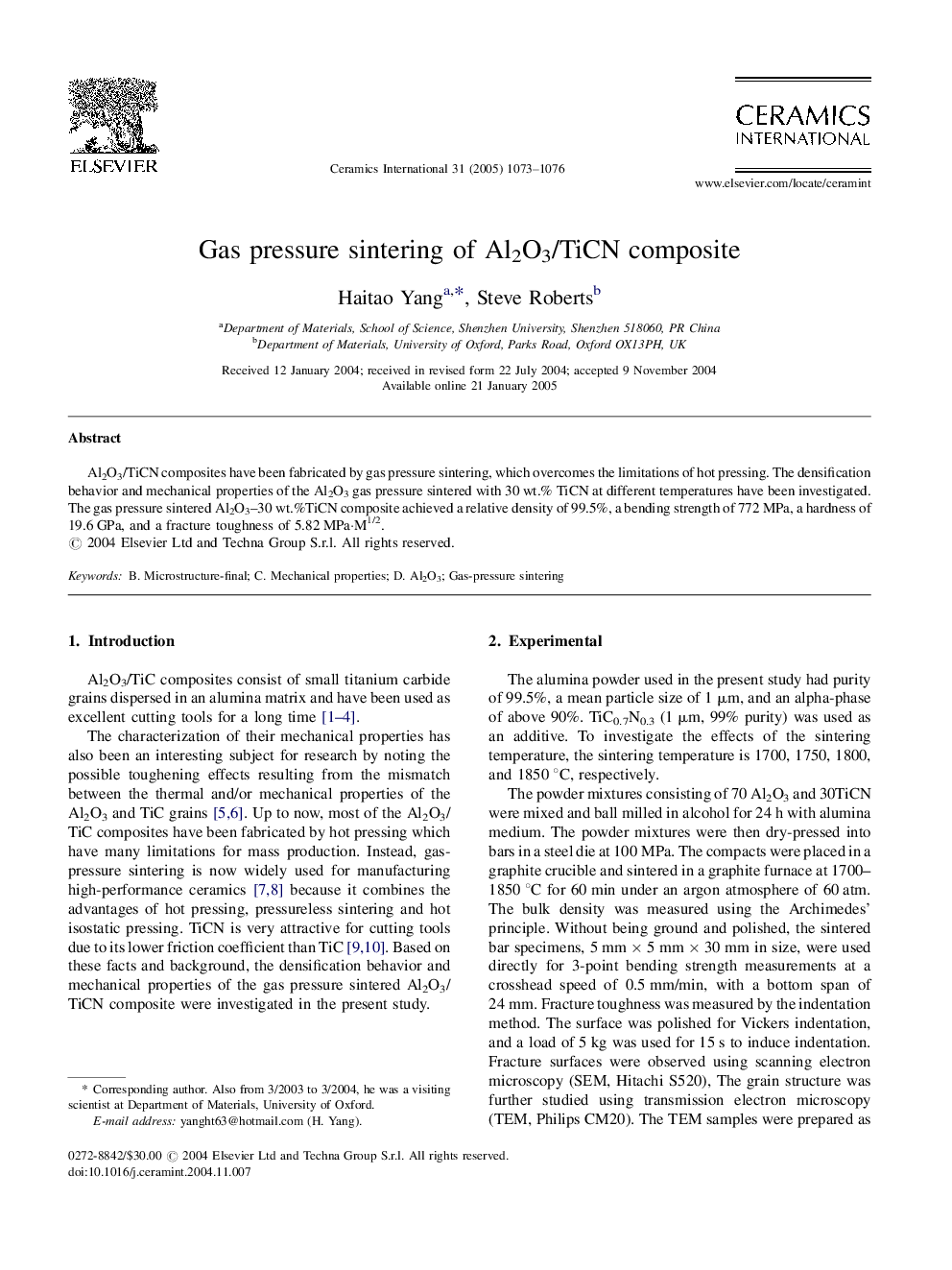 Gas pressure sintering of Al2O3/TiCN composite