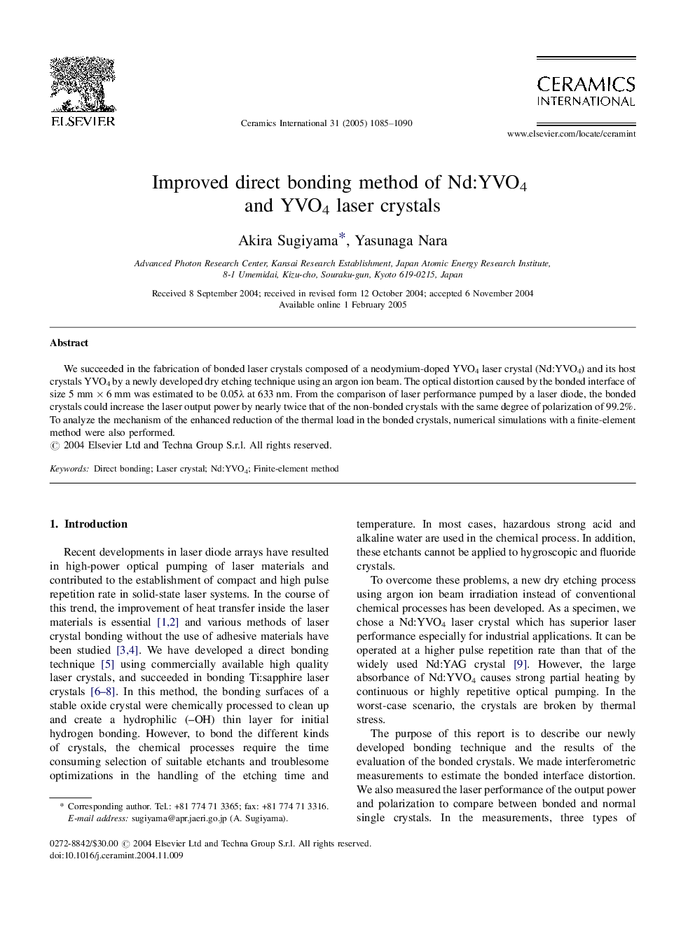 Improved direct bonding method of Nd:YVO4 and YVO4 laser crystals