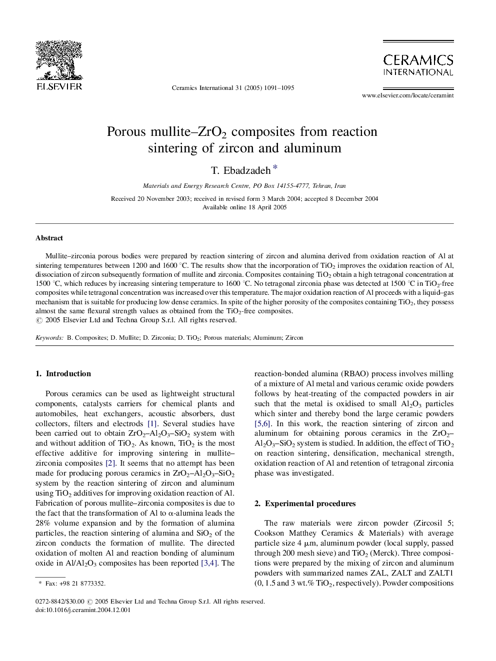 Porous mullite-ZrO2 composites from reaction sintering of zircon and aluminum