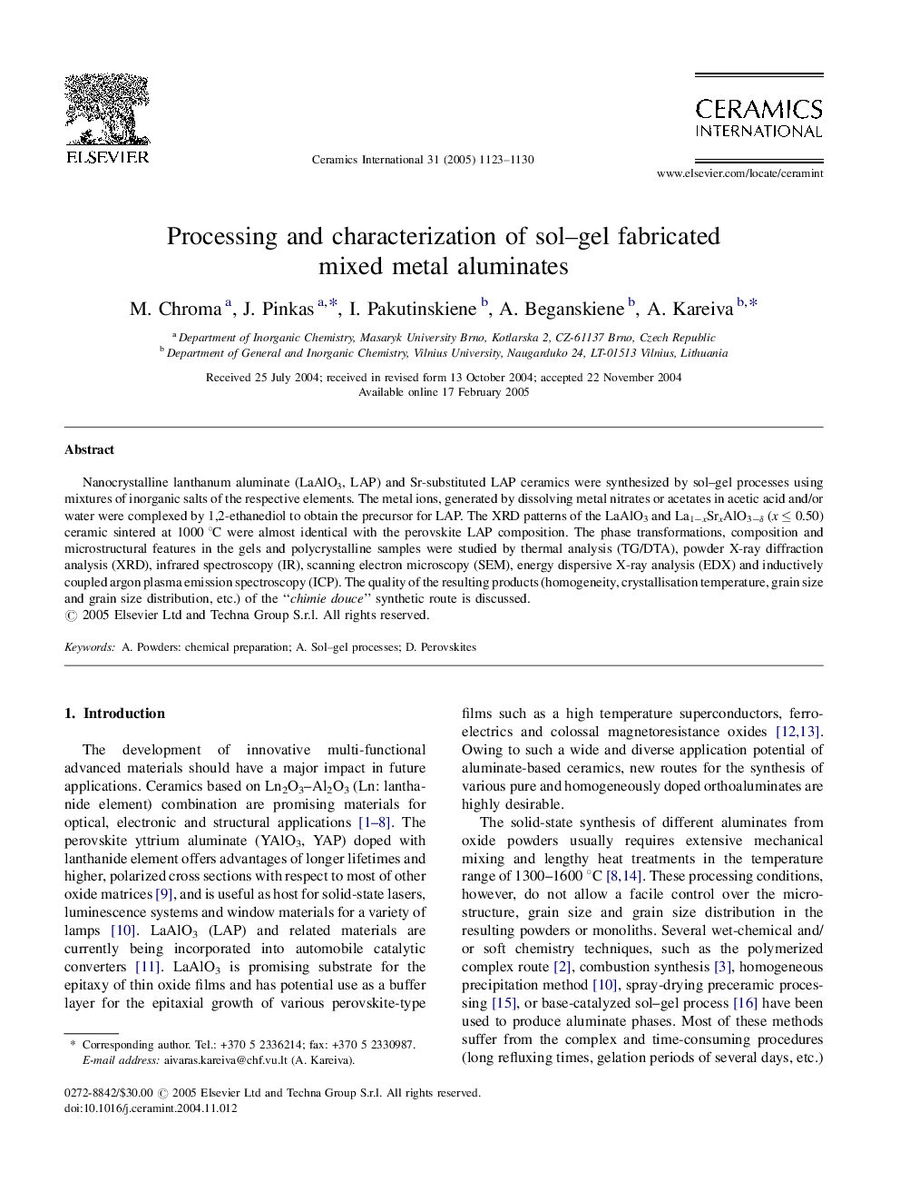 Processing and characterization of sol-gel fabricated mixed metal aluminates