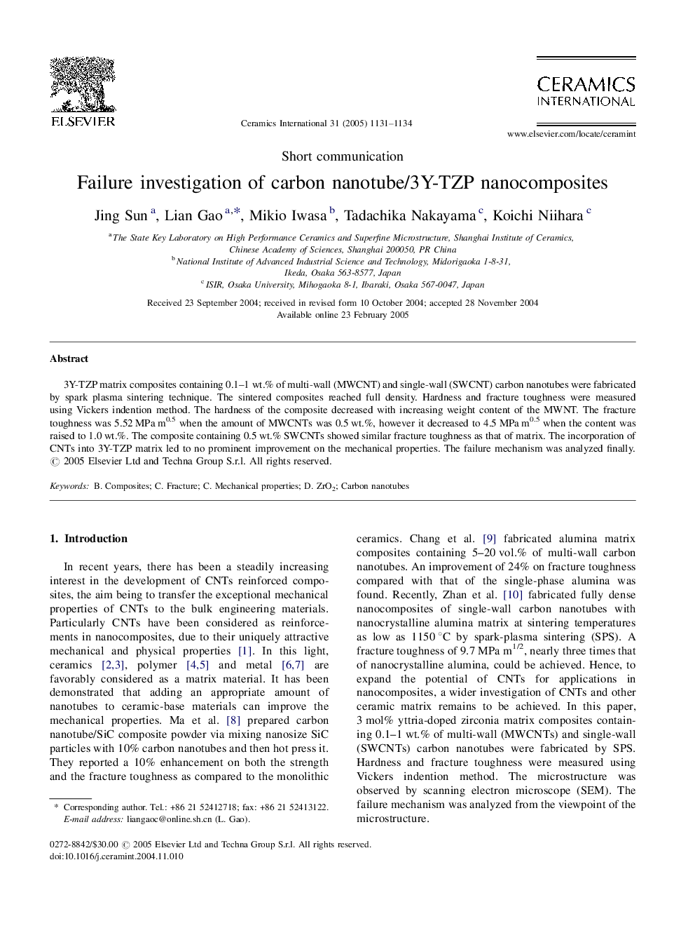 Failure investigation of carbon nanotube/3Y-TZP nanocomposites