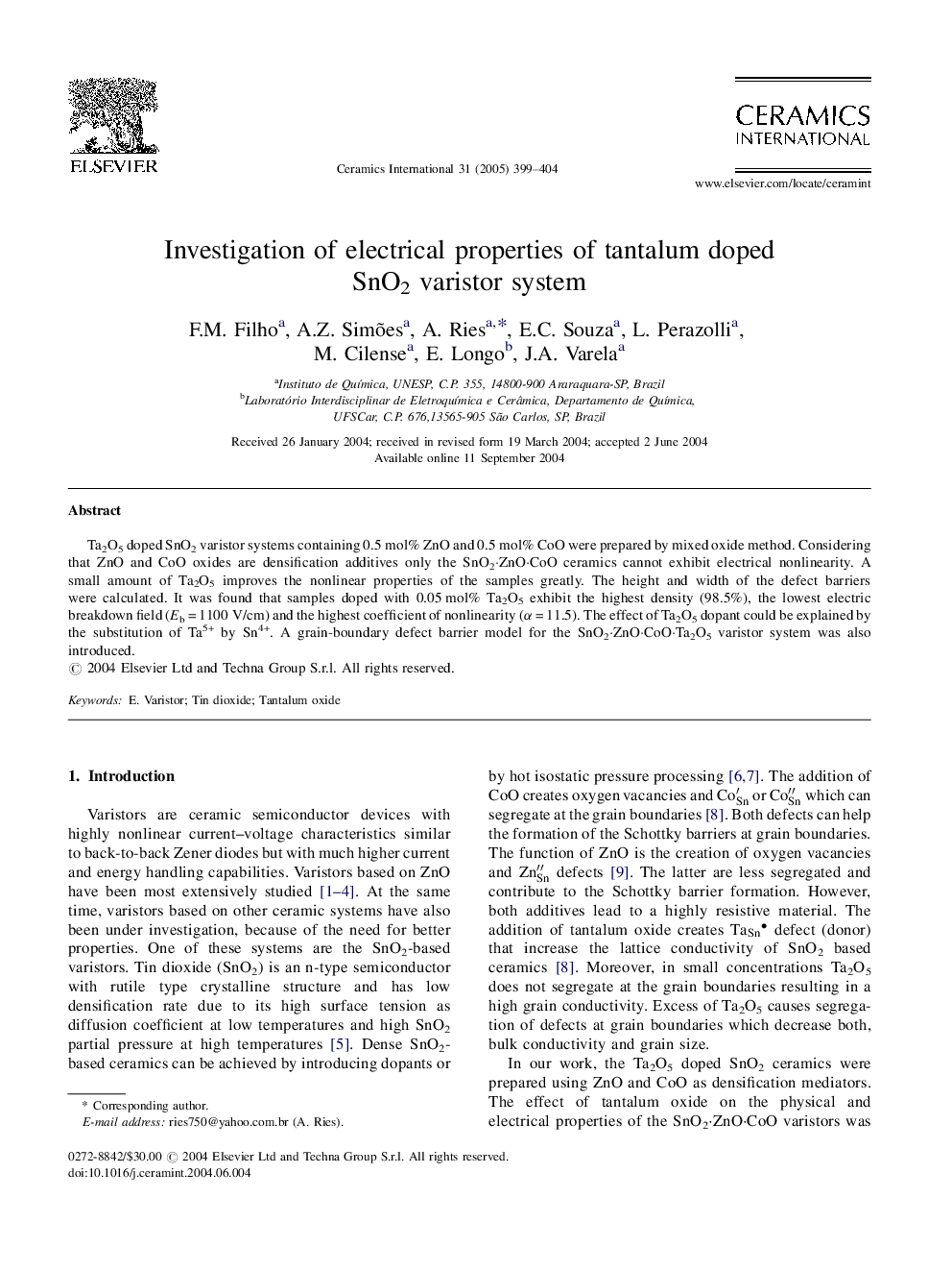 Investigation of electrical properties of tantalum doped SnO2 varistor system