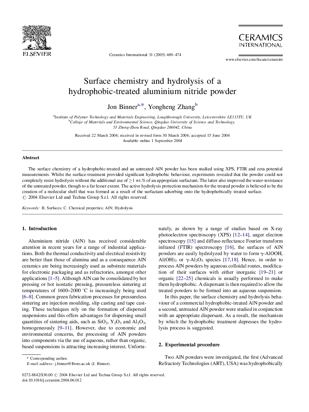 Surface chemistry and hydrolysis of a hydrophobic-treated aluminium nitride powder