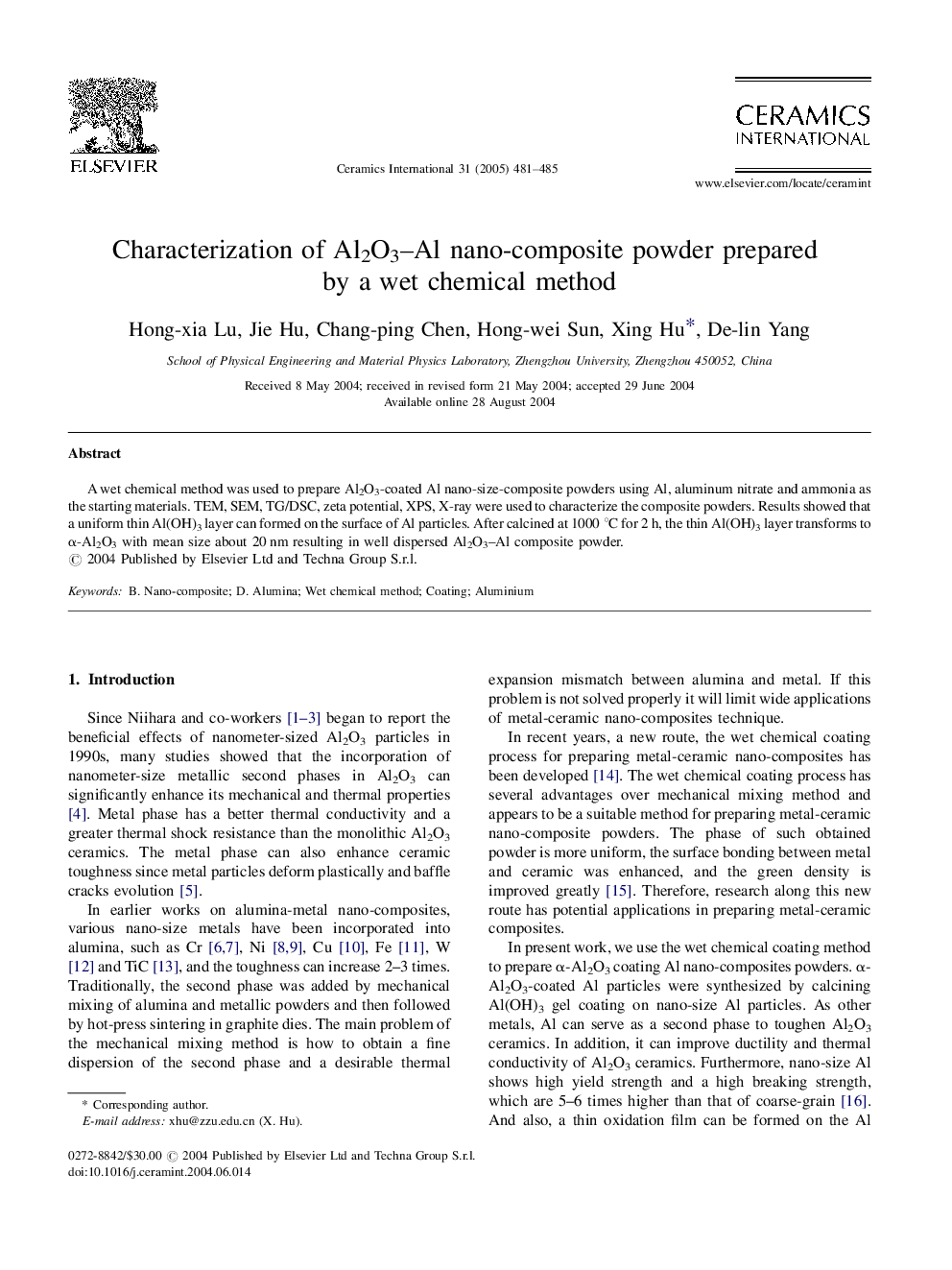 Characterization of Al2O3-Al nano-composite powder prepared by a wet chemical method