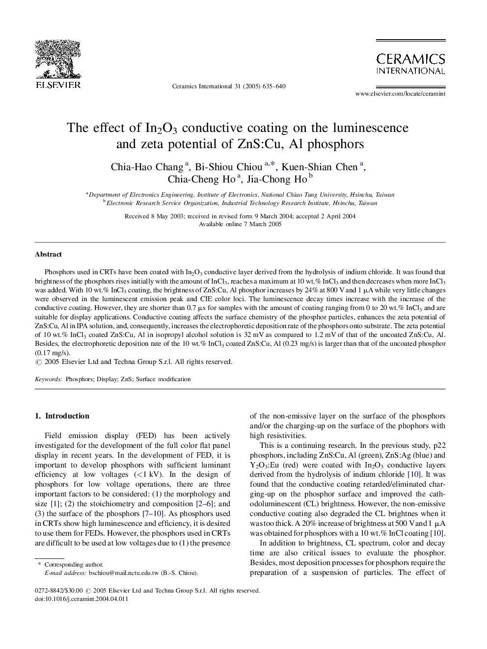 The effect of In2O3 conductive coating on the luminescence and zeta potential of ZnS:Cu, Al phosphors