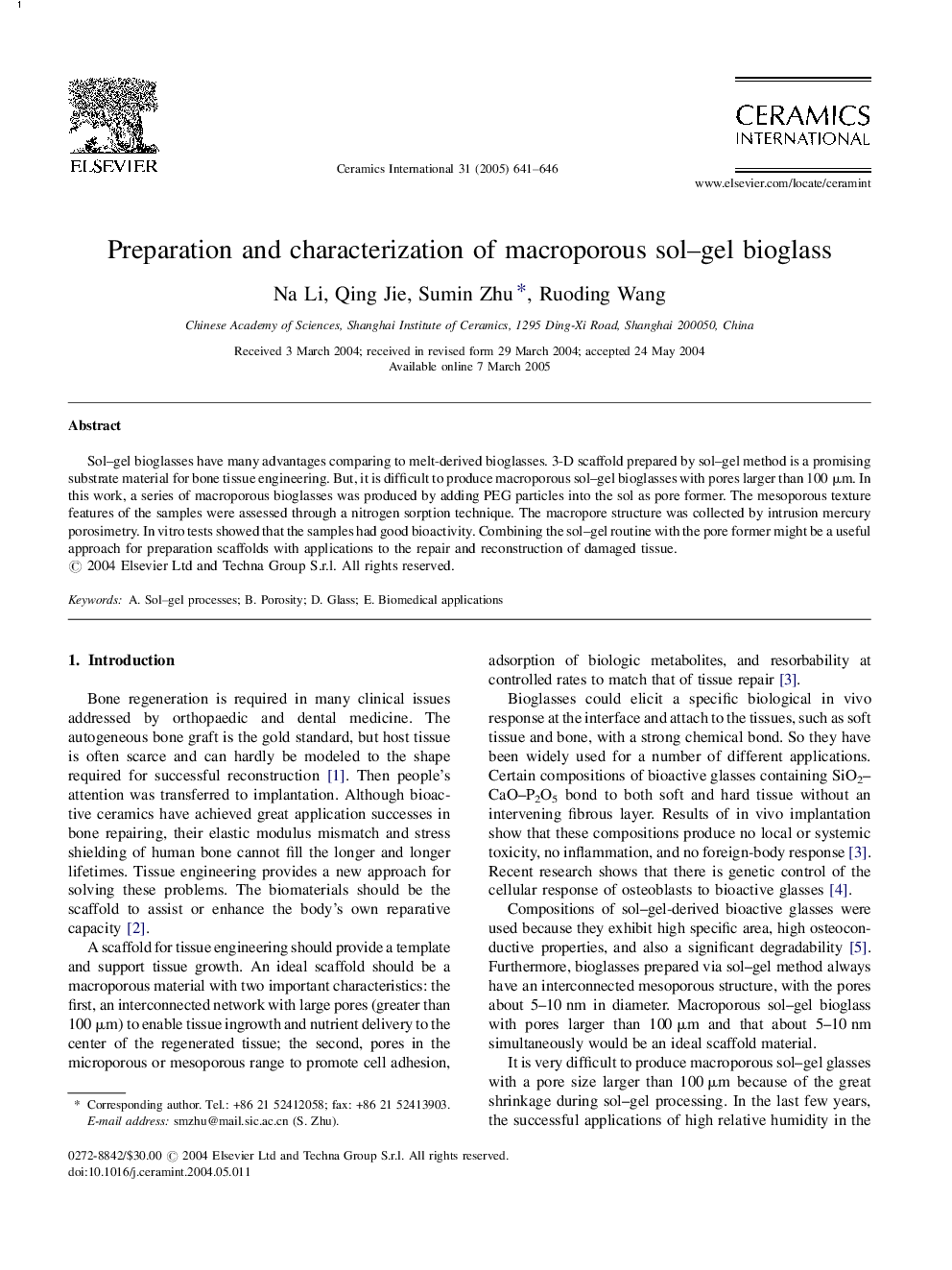 Preparation and characterization of macroporous sol-gel bioglass