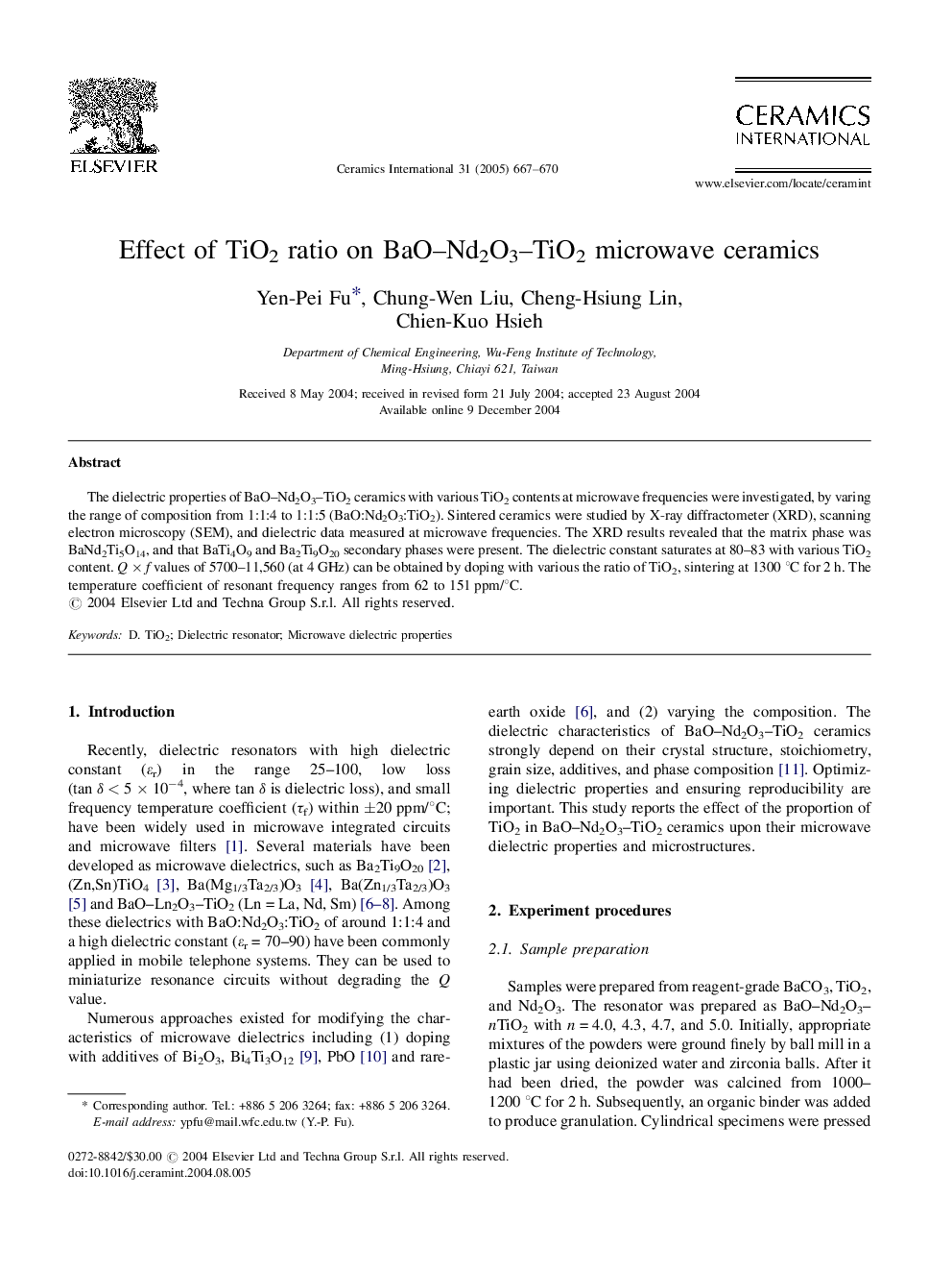 Effect of TiO2 ratio on BaO-Nd2O3-TiO2 microwave ceramics