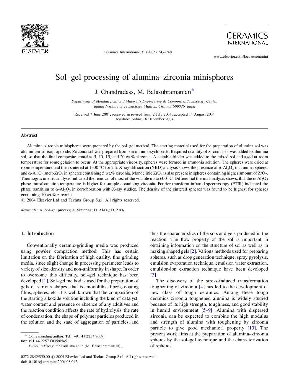 Sol-gel processing of alumina-zirconia minispheres