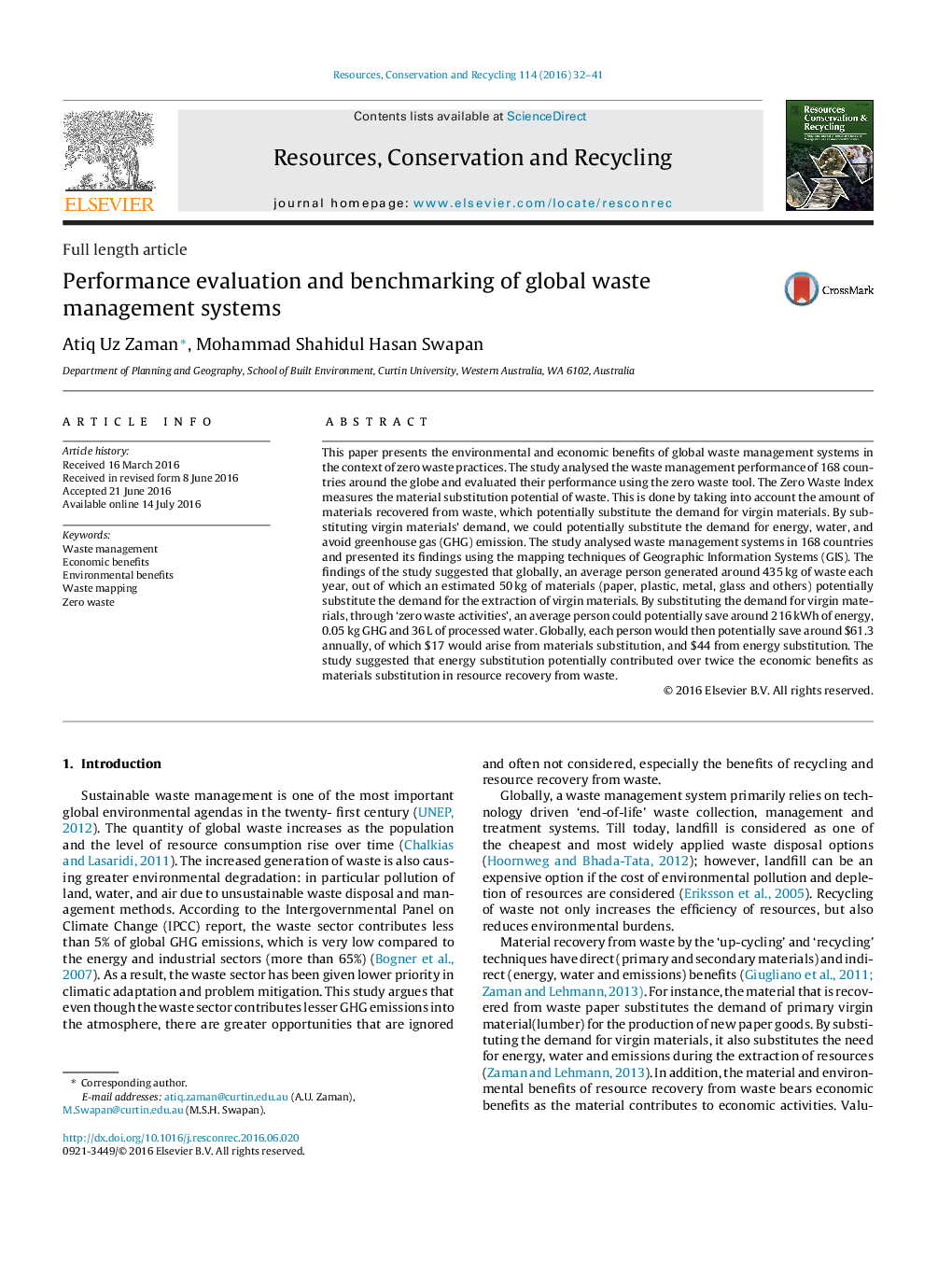 Performance evaluation and benchmarking of global waste management systems