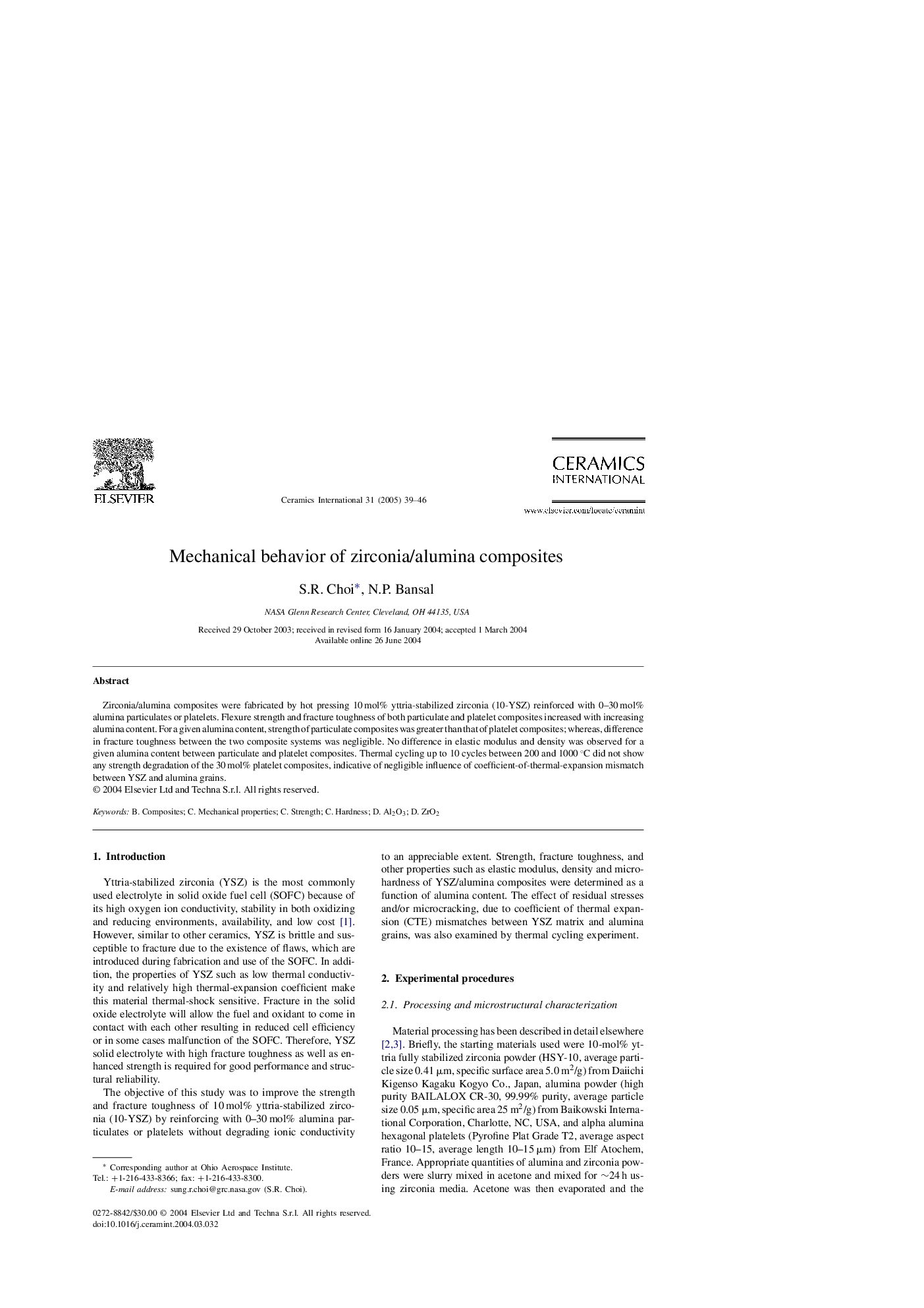 عکس صفحه اول مقاله: Mechanical behavior of zirconia/alumina composites Mechanical behavior of zirconia/alumina composites
